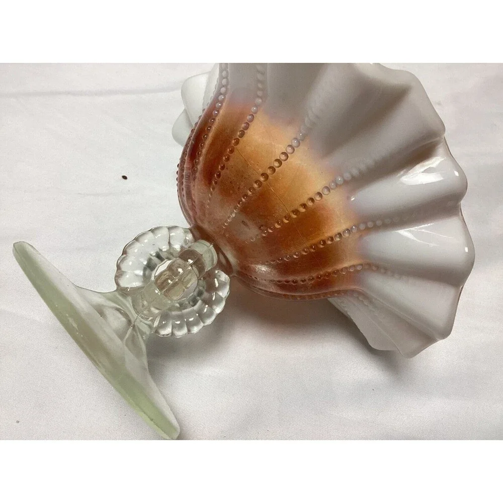 Dugan Beaded Panels Peach Opalescent Open Stemmed Carnival Glass Compote ca 1915